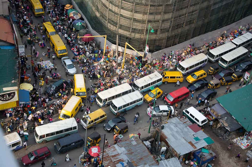 Aerial view of African commercial field operations and urban distribution